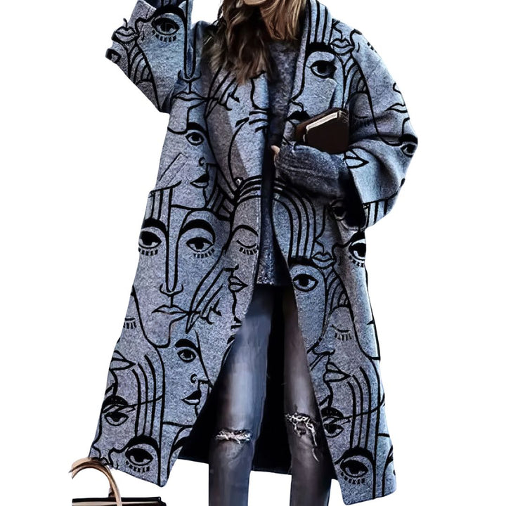 Woman wearing gray abstract face print wrap coat