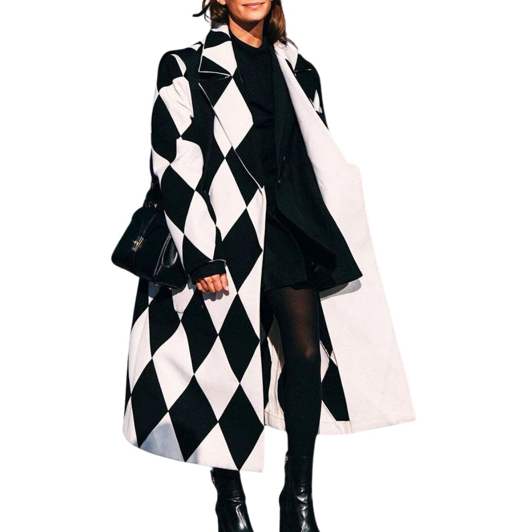 Woman wearing black and white diamond print wrap coat