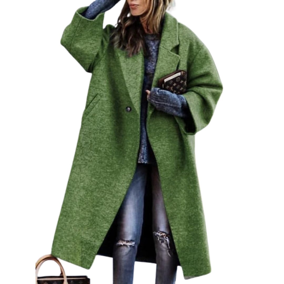 Woman wearing solid green oversized wrap coat