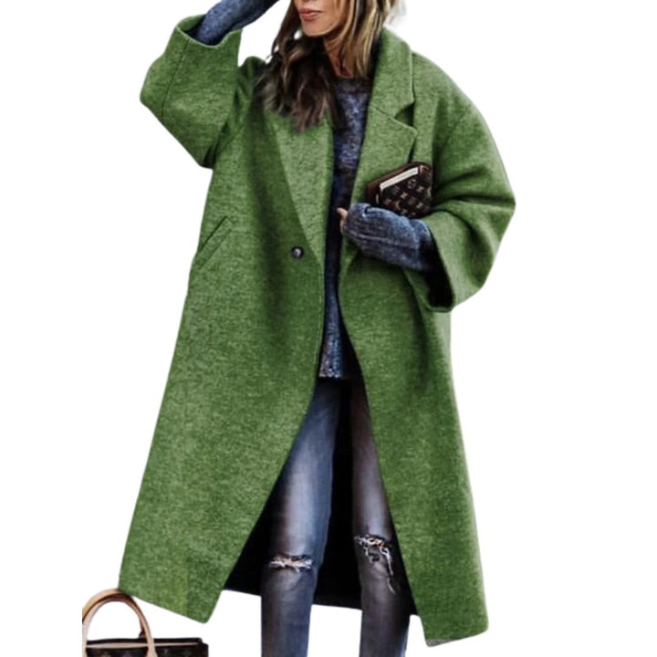 Woman wearing solid green oversized wrap coat