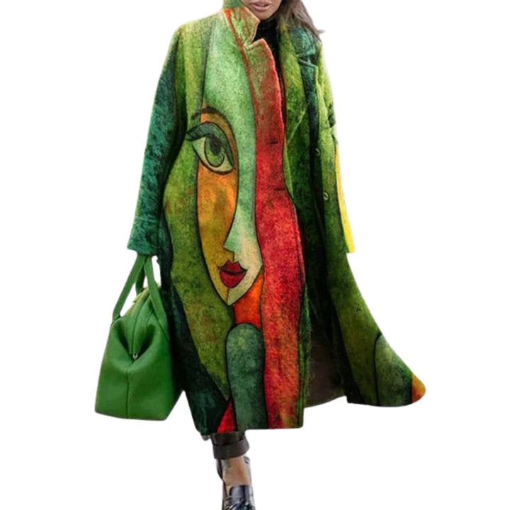 Woman wearing green abstract face print wrap coat