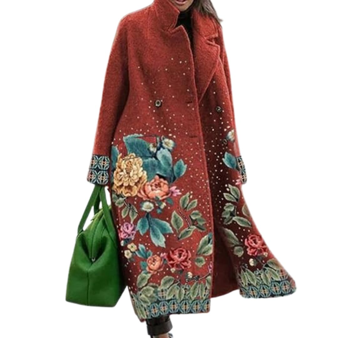Woman wearing rust floral embroidered wrap coat