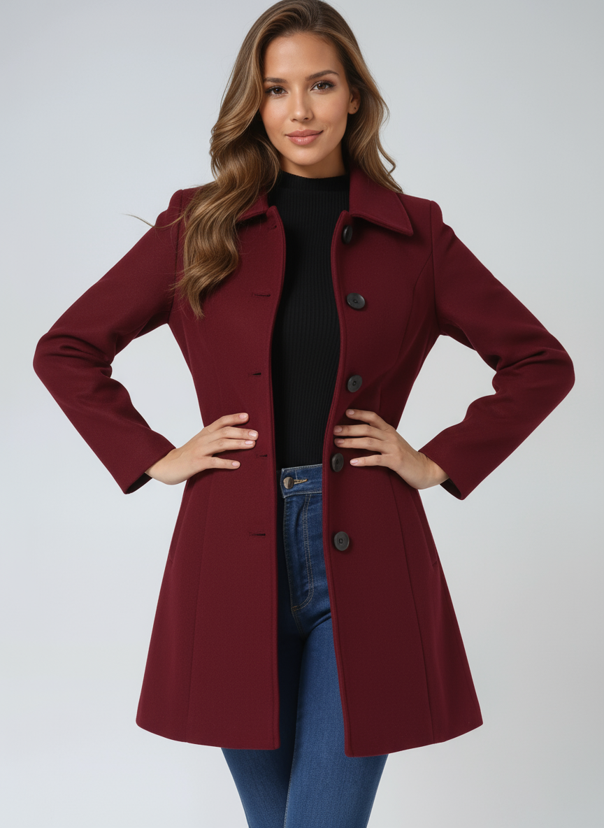Woman wearing dark red fit and flare coat with hands on hips