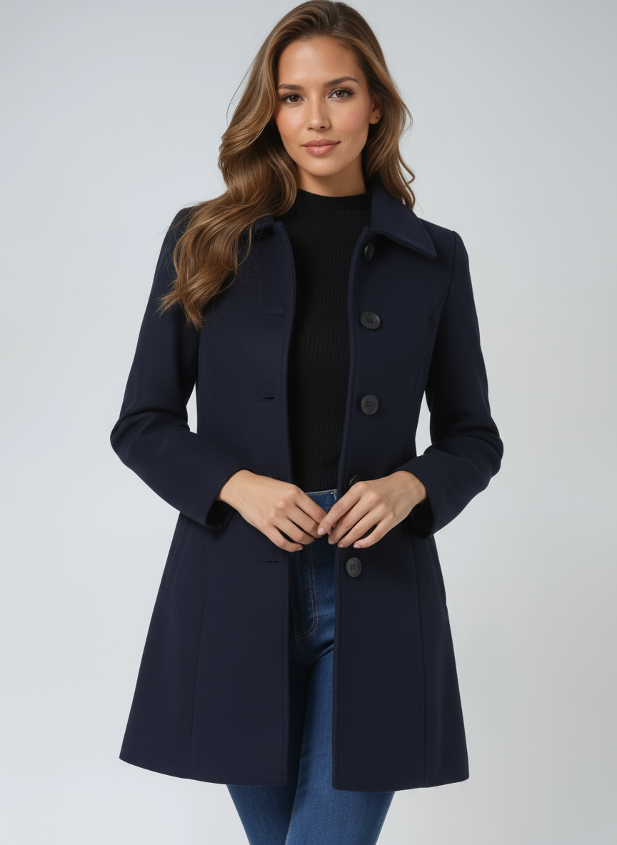 Woman wearing navy fit and flare coat with button front closure