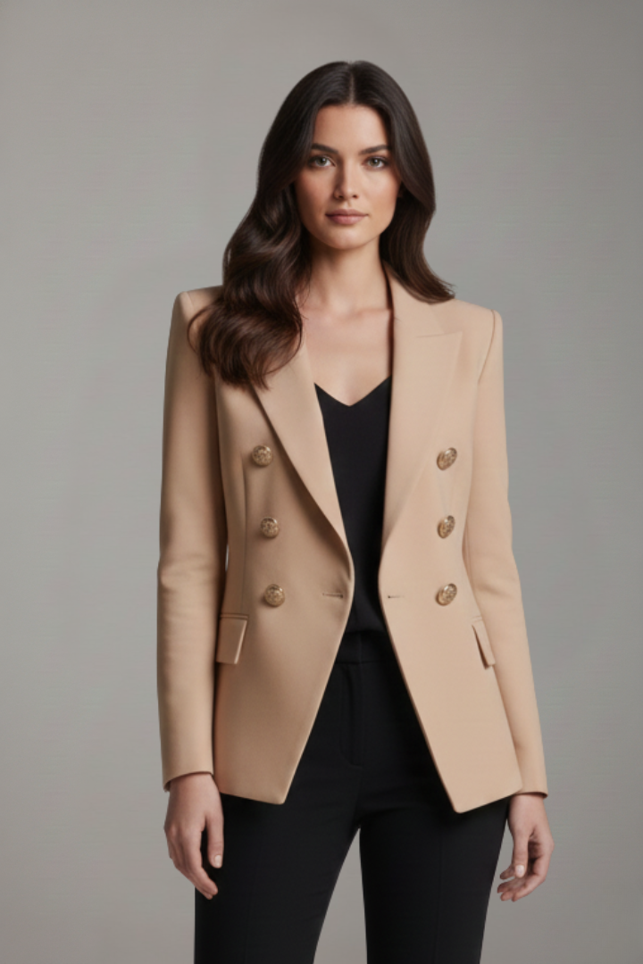 Model wearing khaki double-breasted blazer with gold-tone buttons