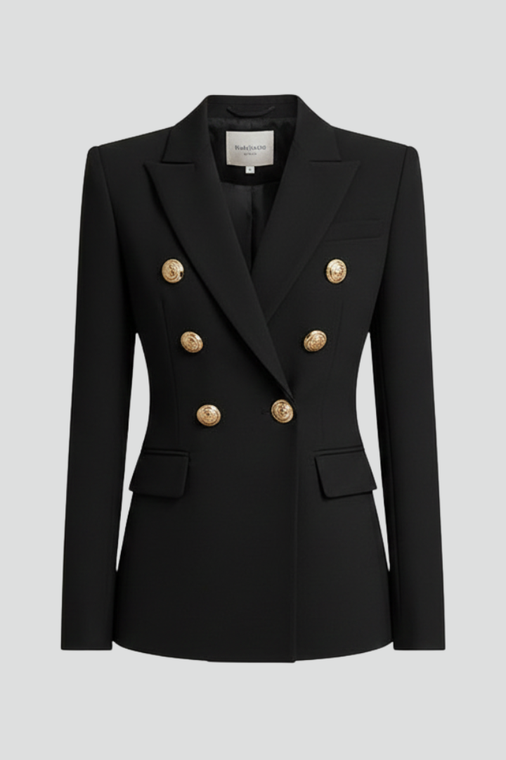 Black double-breasted blazer with gold-tone buttons, front view flat