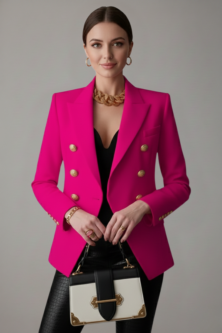 Model wearing pink double-breasted blazer with gold-tone buttons