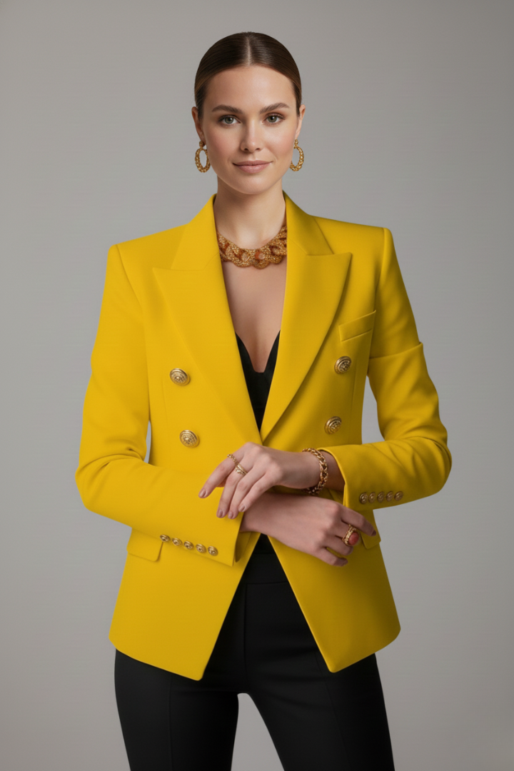 Model wearing yellow double-breasted blazer with gold-tone buttons