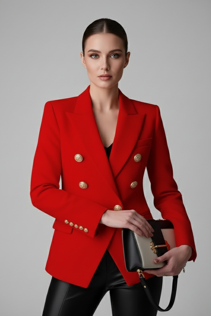 Model wearing red double-breasted blazer with gold-tone buttons