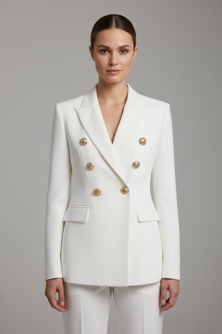 Model wearing white double-breasted blazer with gold-tone buttons