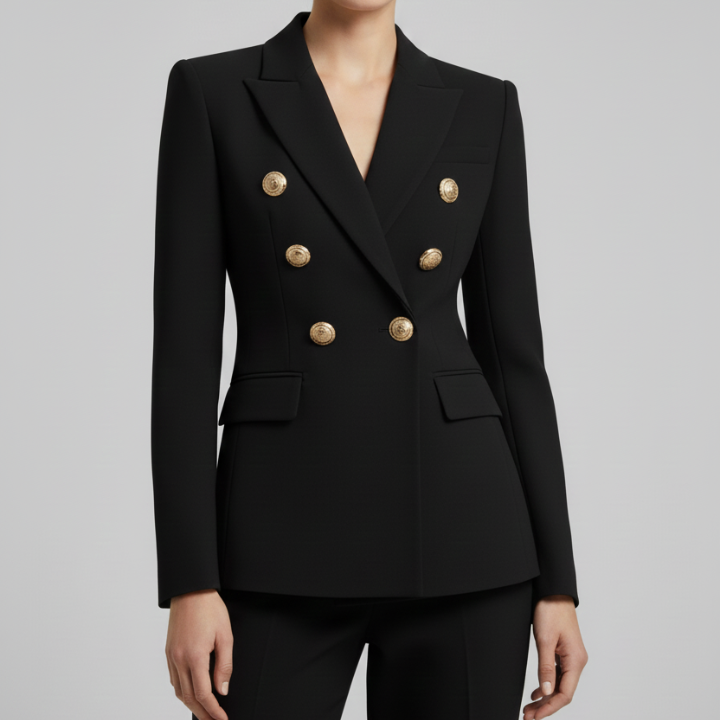 Model wearing black double-breasted blazer, front view