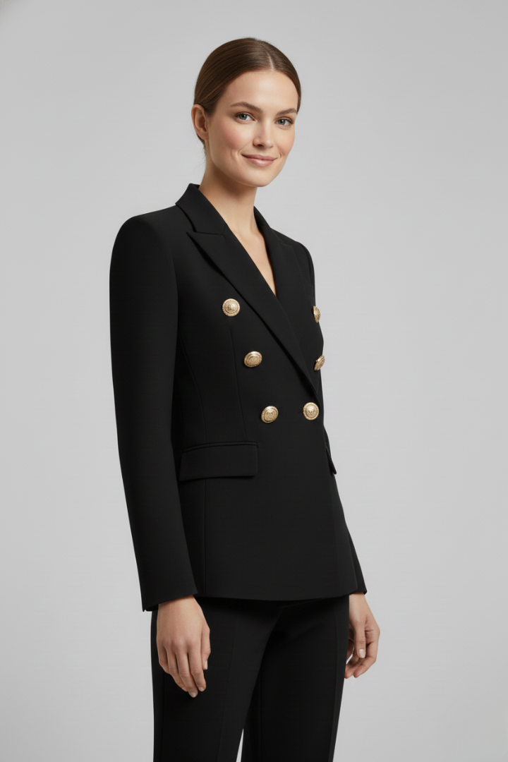 Model wearing black double-breasted blazer, side angle