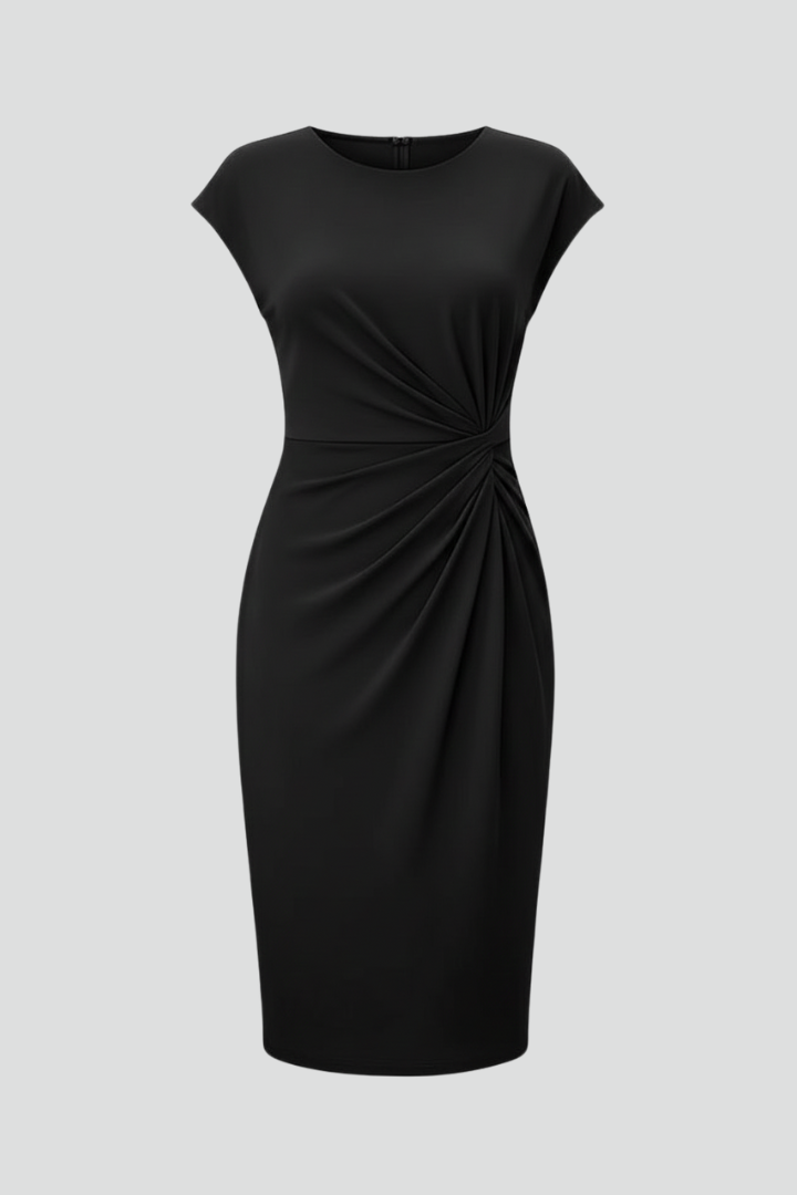 Valentina Knee-Length Dress with Round Neck and Ruched Waist