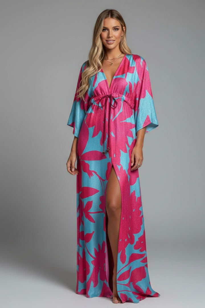 Amira Maxi Dress with V Neckline and Tie Waist