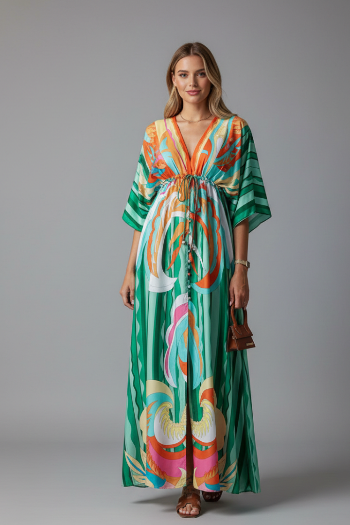 Amira Maxi Dress with V Neckline and Tie Waist