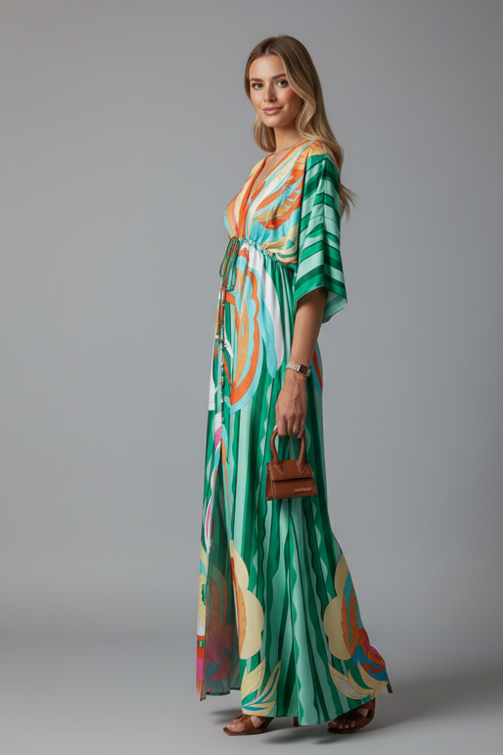 Amira Maxi Dress with V Neckline and Tie Waist