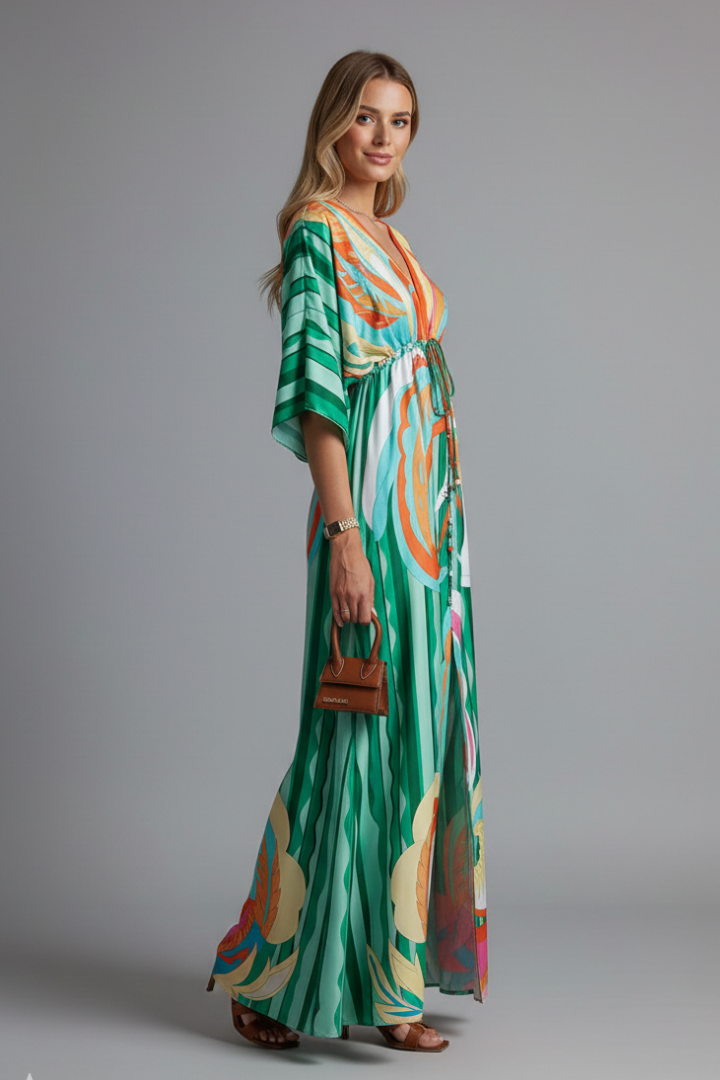 Amira Maxi Dress with V Neckline and Tie Waist