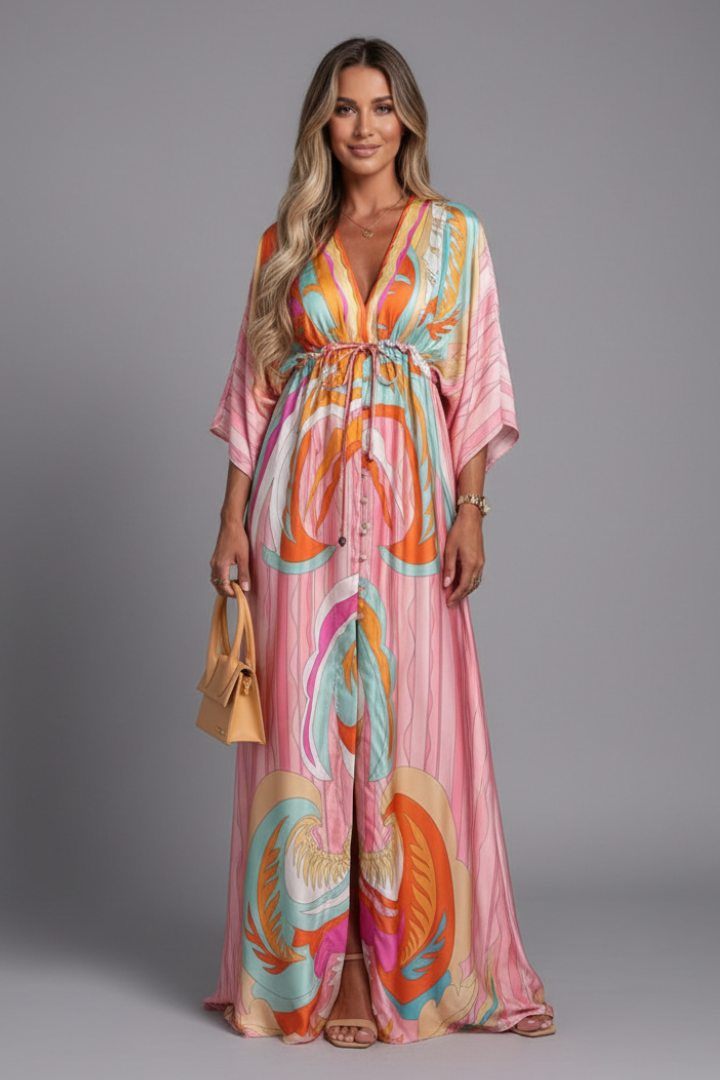 Amira Maxi Dress with V Neckline and Tie Waist