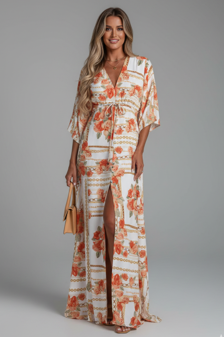 Amira Maxi Dress with V Neckline and Tie Waist