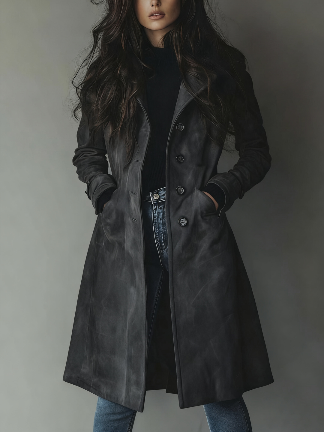 Woman wearing dark grey longline trench coat with side pockets