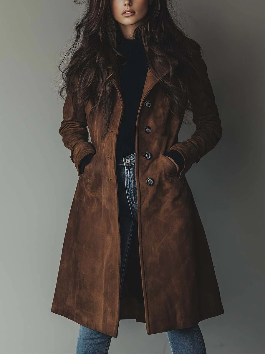 Woman wearing brown longline trench coat with notched lapel collar