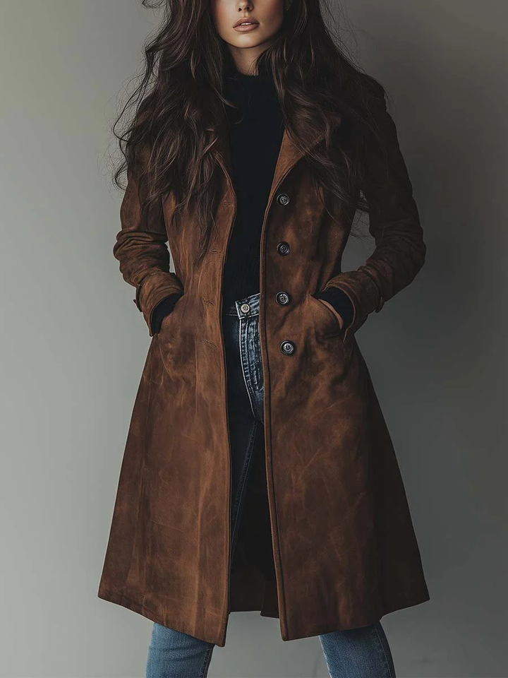 Woman wearing brown longline trench coat with notched lapel collar