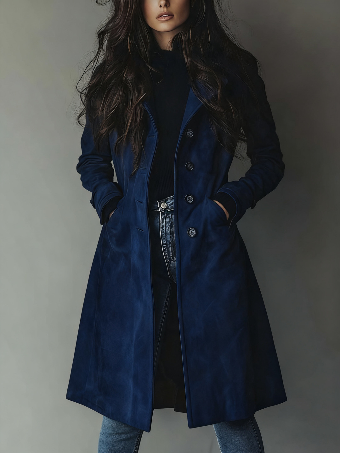 Woman wearing dark blue longline trench coat with double-breasted buttons