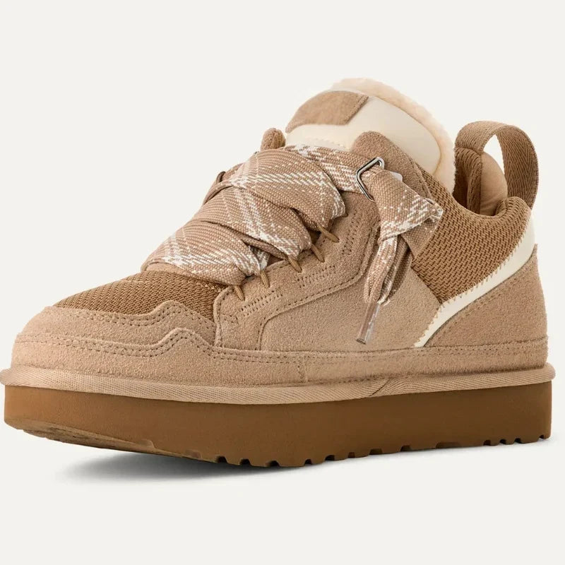 Beige suede-look platform sneaker, angled front view