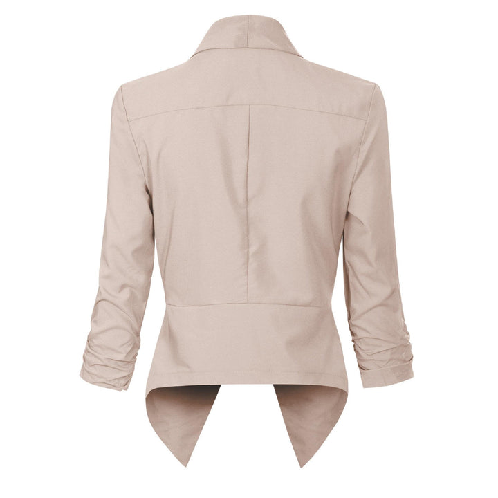 Beige open-front blazer, back view showing asymmetric hem