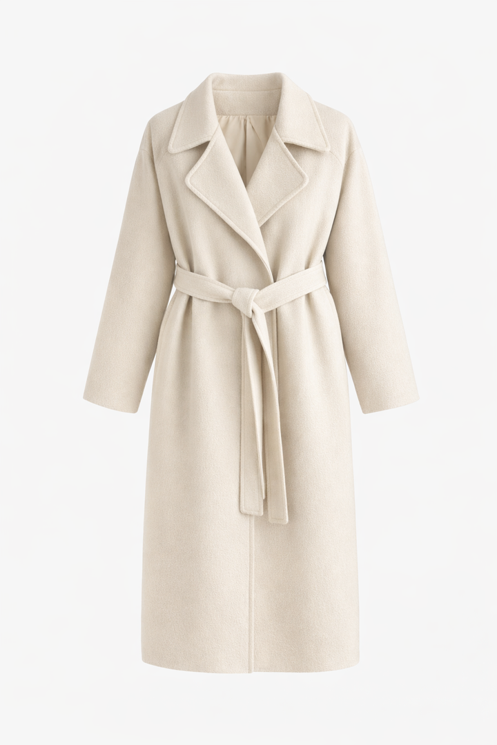 Off white belted long wrap coat, front view