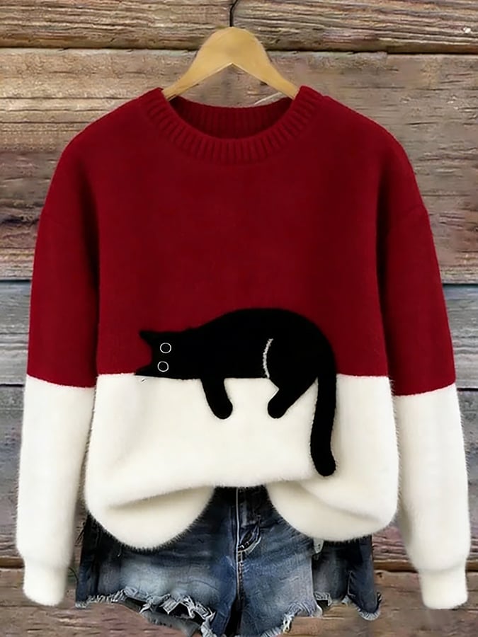 Red and white colorblock cat graphic sweater