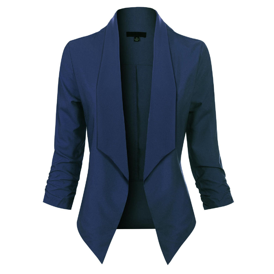 Navy open-front blazer with draped lapel, front view