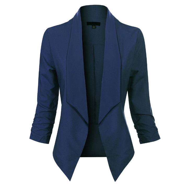 Navy open-front blazer with draped lapel, front view