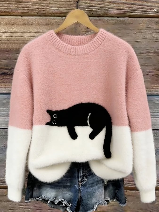 Pink and white colorblock cat graphic sweater