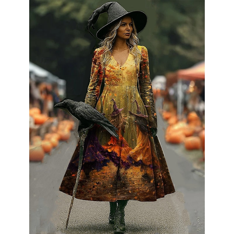 Orange witch print A-line maxi dress with V-neck and long sleeves
