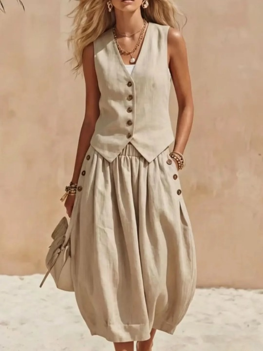 Nerine Button Vest Skirt Set