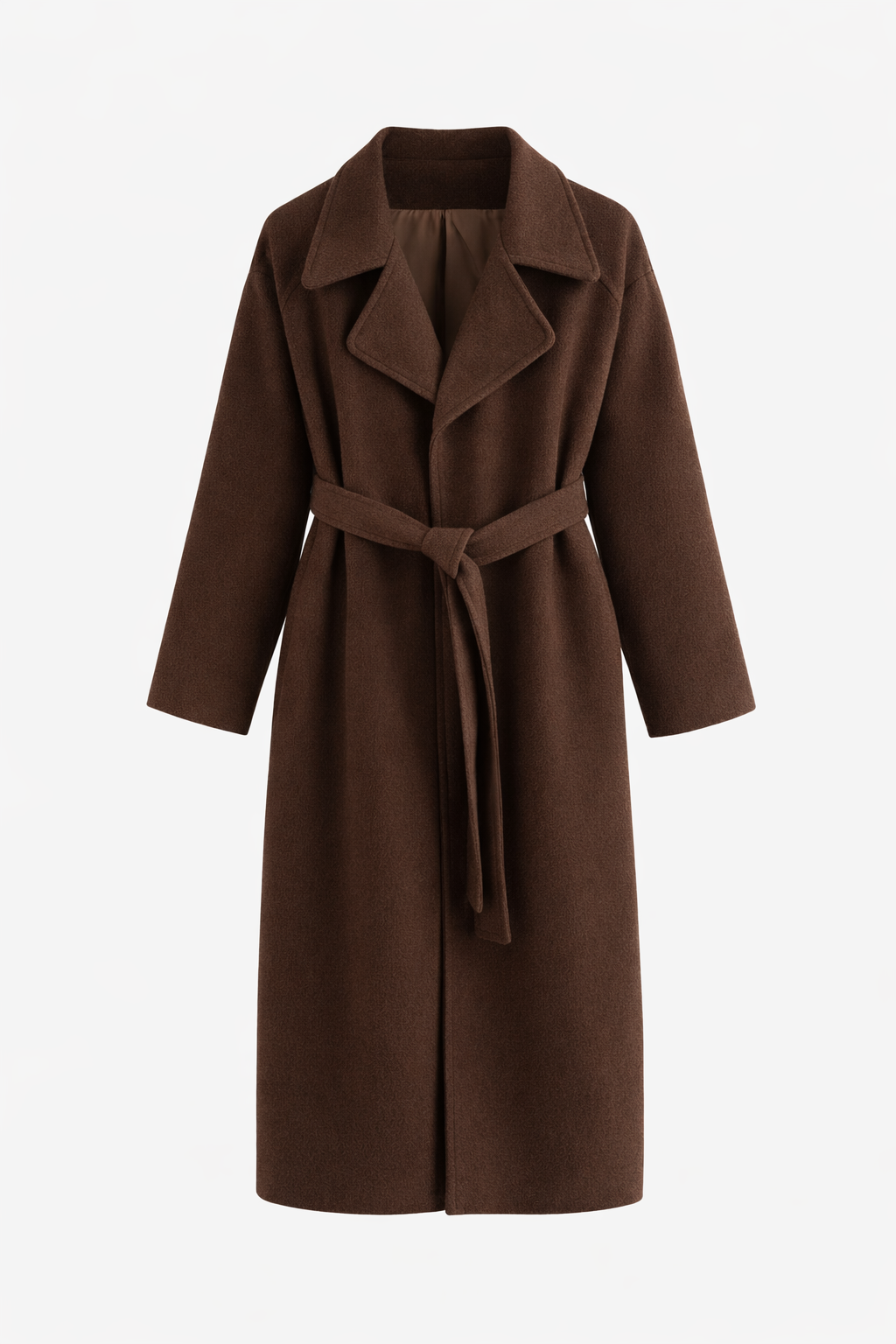 Brown belted long wrap coat, front view