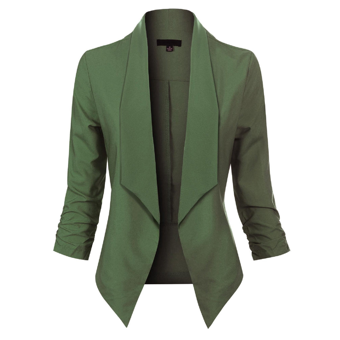 Olive green open-front blazer with draped lapel, front view