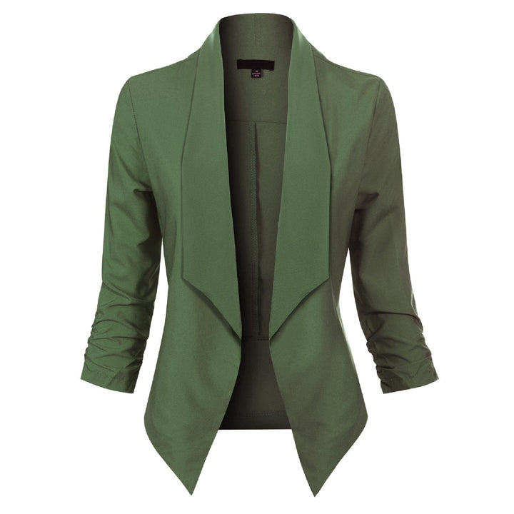 Olive green open-front blazer with draped lapel, front view