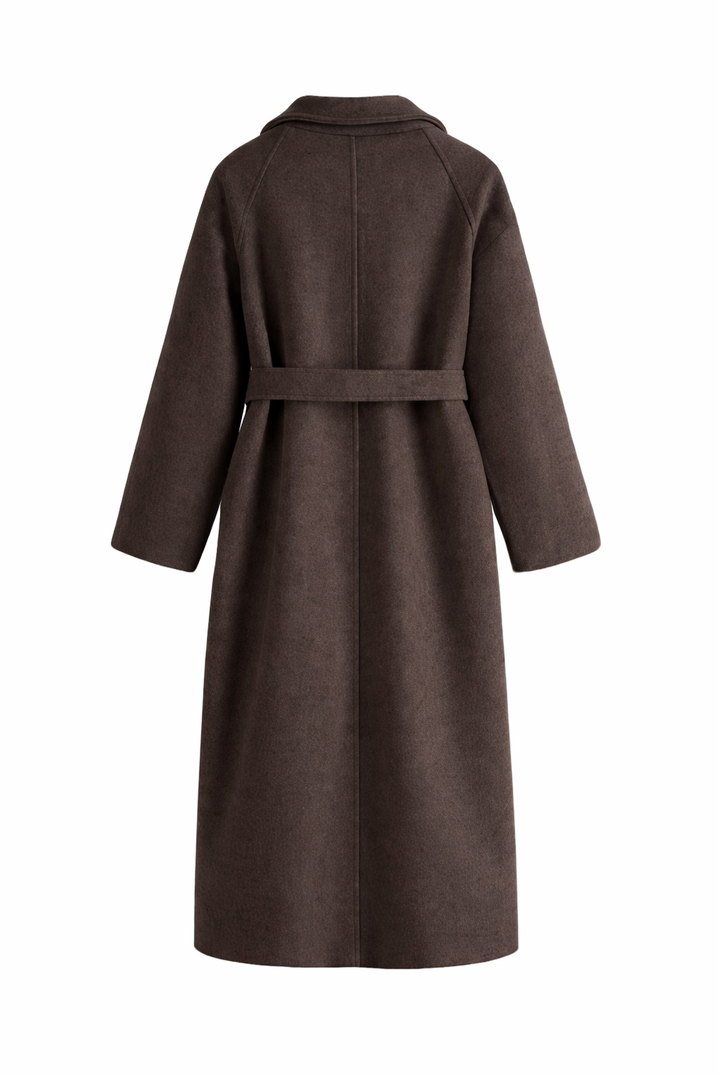 Brown belted long wrap coat, back view