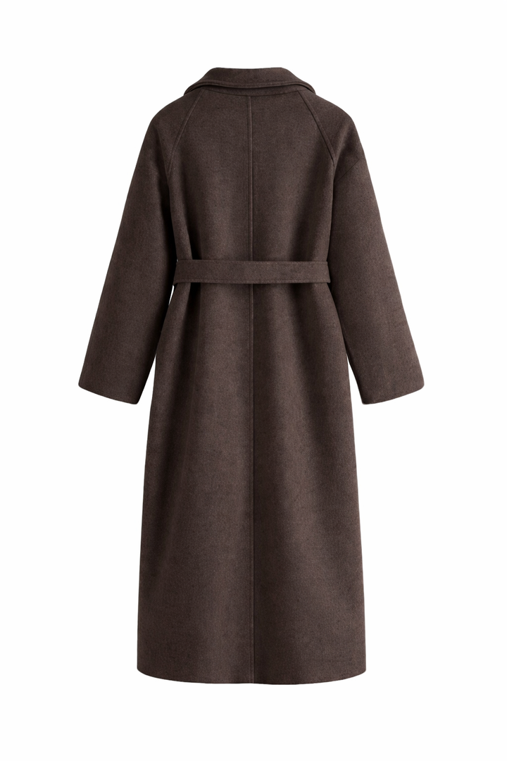 Brown belted long wrap coat, back view