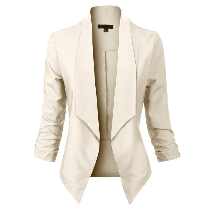 Ivory open-front blazer with draped lapel, front view