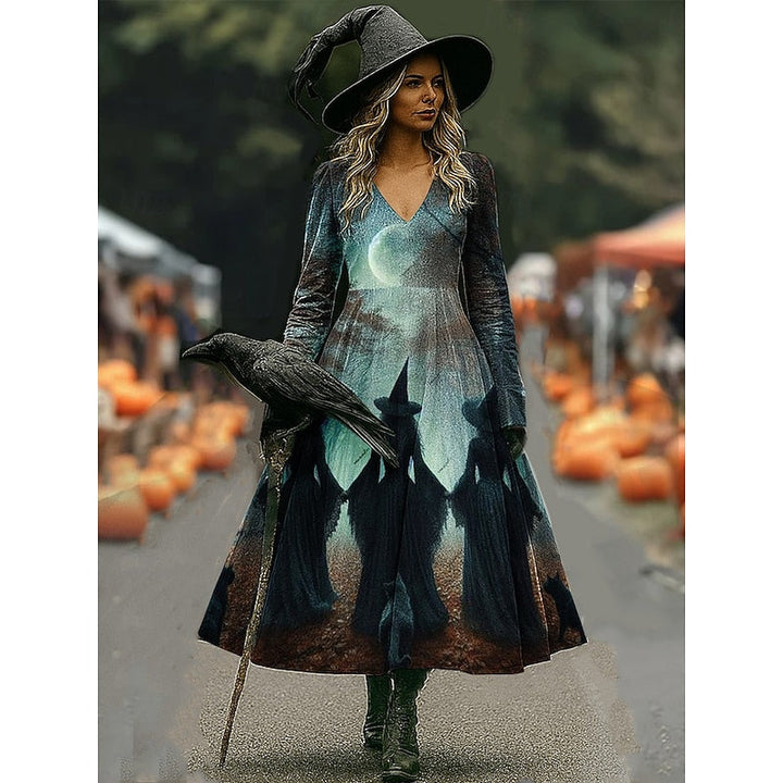 Dark blue witch print A-line maxi dress with moon design
