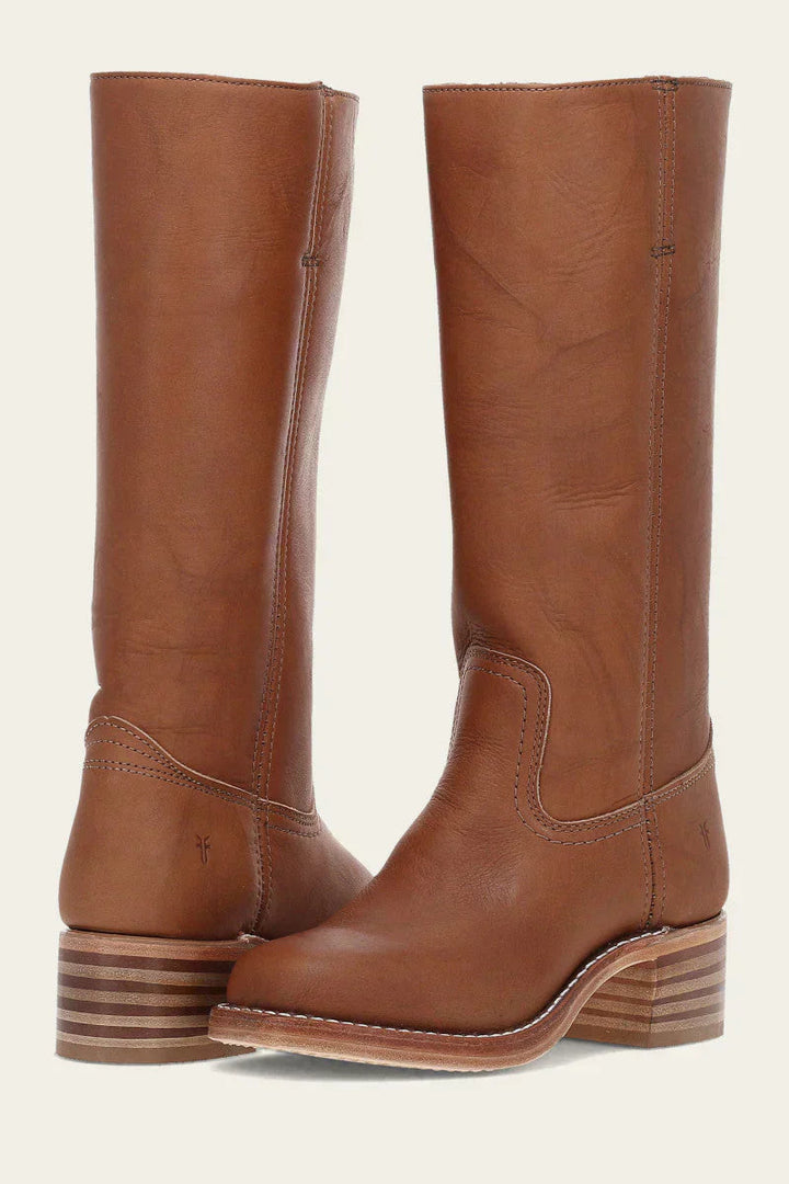 Pair of light brown leather mid calf boots with stacked block heel, front-angled view