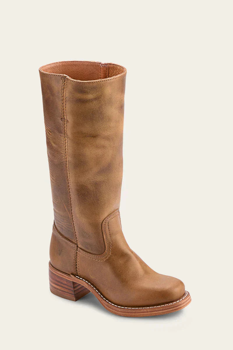 Single light brown leather mid calf boot, side angled view showing contrast stitching