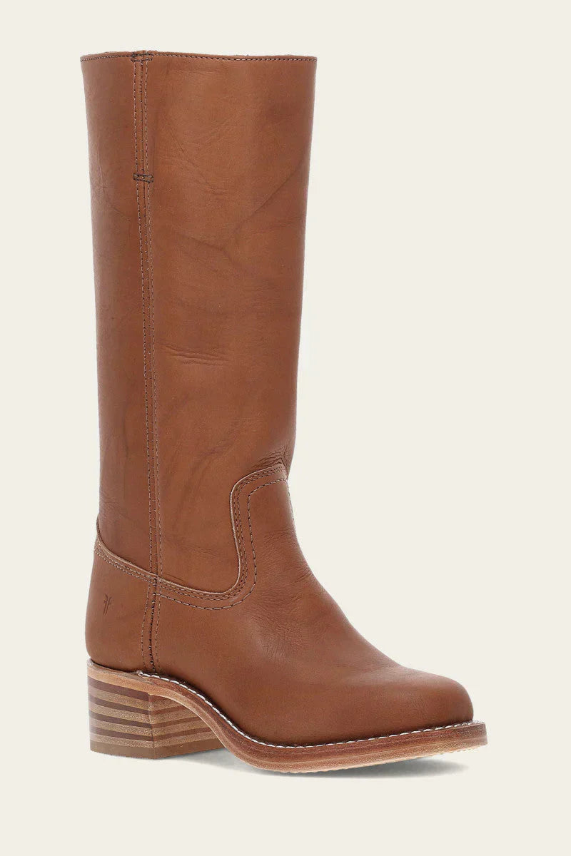 Single brown leather mid calf boot, side angled view with stacked heel