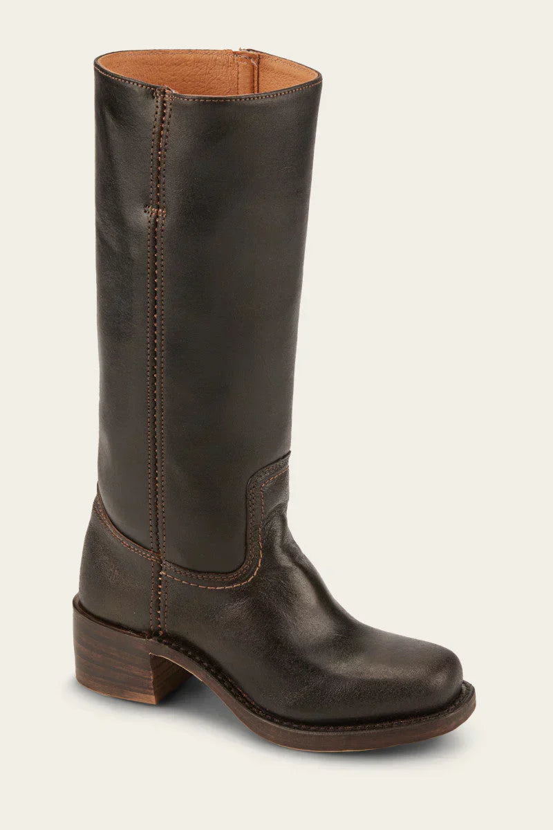 Single dark brown leather mid calf boot, side angled view