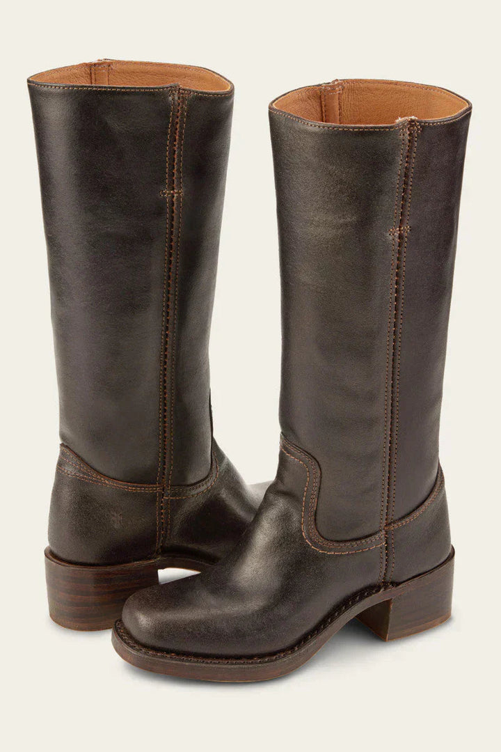 Pair of dark brown leather mid calf boots with stacked block heel, front-angled view
