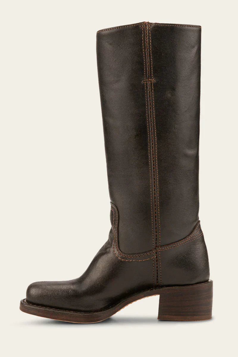 Single dark brown leather mid calf boot, side profile view