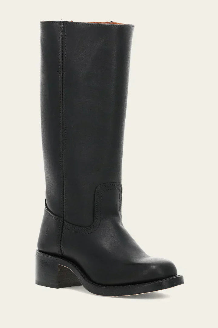 Single black leather mid calf boot, front angled view